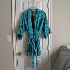 Vintage Teal Silk Kimono Robe